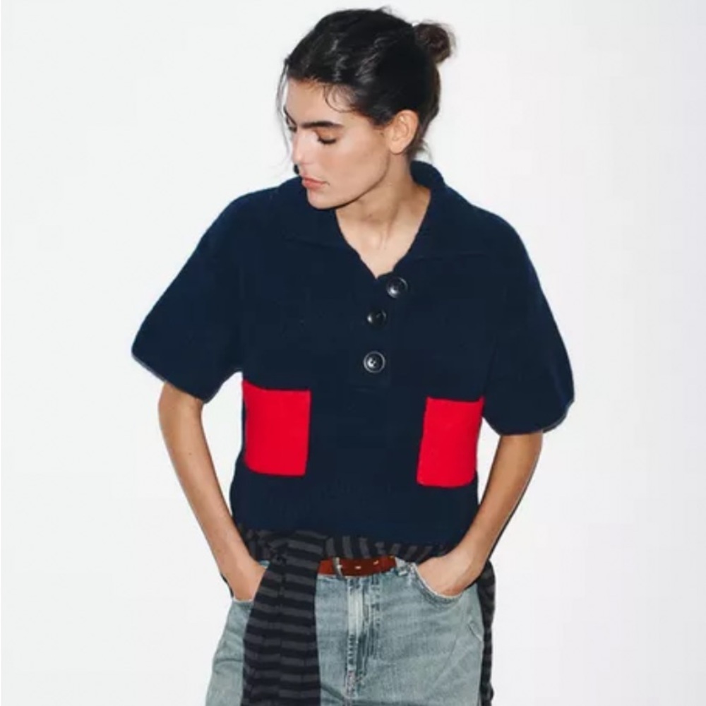 Zara Navy Cardigan with Red Pockets